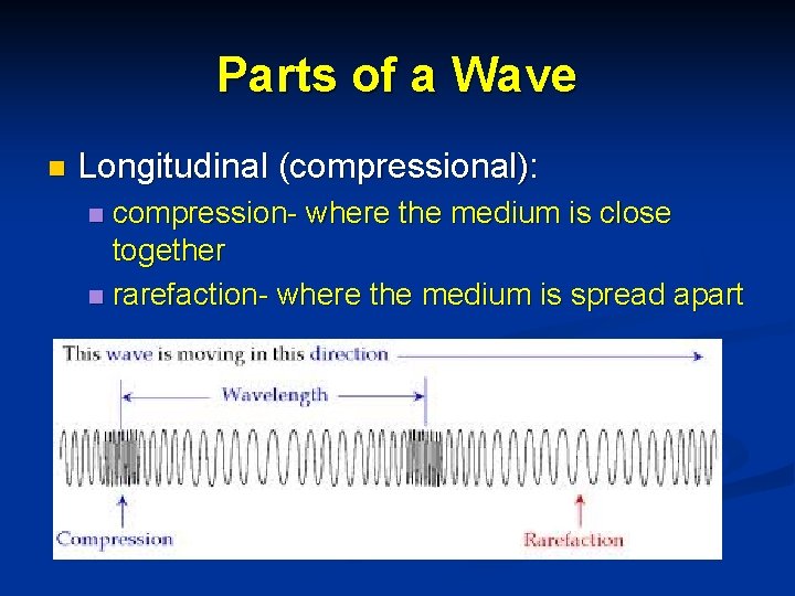 Parts of a Wave n Longitudinal (compressional): compression- where the medium is close together