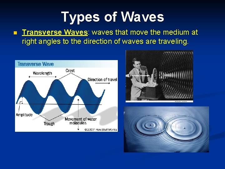 Types of Waves n Transverse Waves: waves that move the medium at right angles