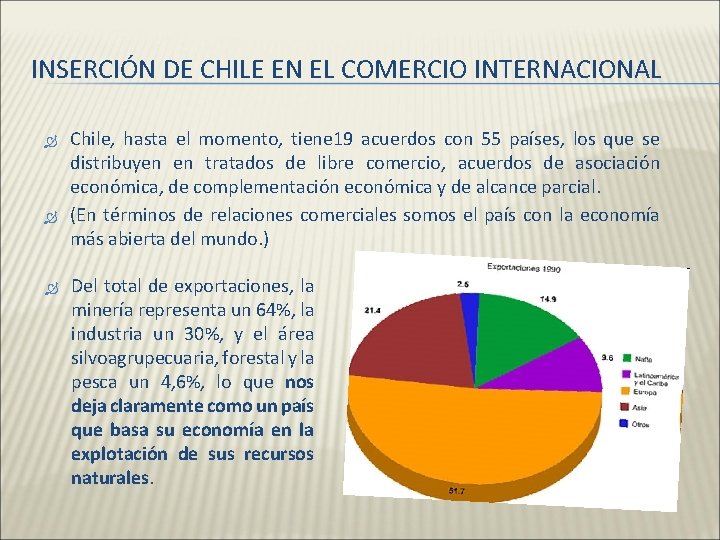 INSERCIÓN DE CHILE EN EL COMERCIO INTERNACIONAL Chile, hasta el momento, tiene 19 acuerdos