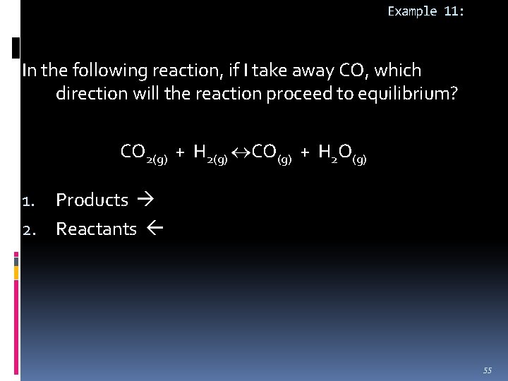 Example 11: In the following reaction, if I take away CO, which direction will