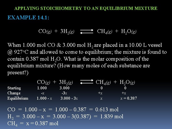 APPLYING STOICHIOMETRY TO AN EQUILIBRIUM MIXTURE EXAMPLE 14. 1: CO(g) + 3 H 2(g)