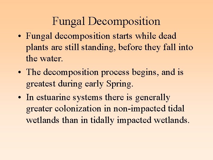 Fungal Decomposition • Fungal decomposition starts while dead plants are still standing, before they