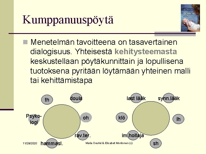 Kumppanuuspöytä n Menetelmän tavoitteena on tasavertainen dialogisuus. Yhteisestä kehitysteemasta keskustellaan pöytäkunnittain ja lopullisena tuotoksena