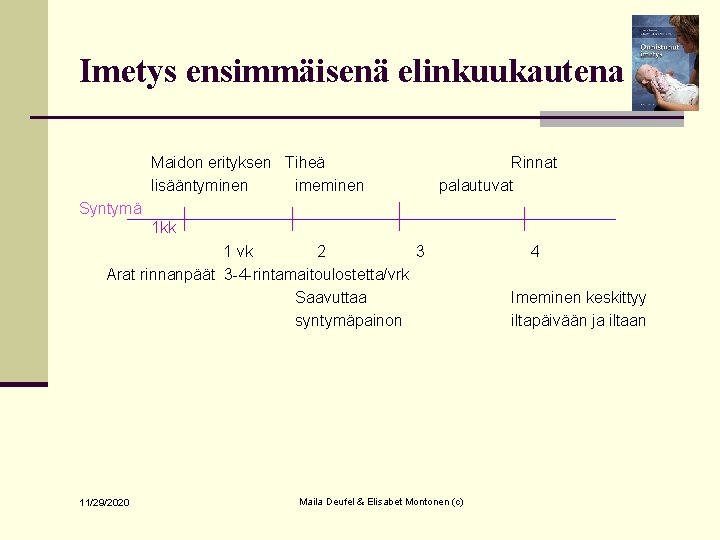 Imetys ensimmäisenä elinkuukautena Maidon erityksen Tiheä lisääntyminen imeminen Rinnat palautuvat Syntymä 1 kk 1