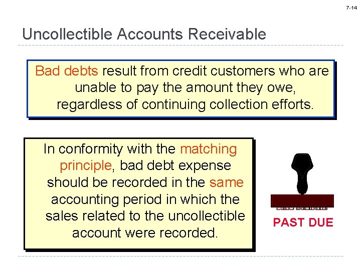 7 -14 Uncollectible Accounts Receivable Bad debts result from credit customers who are unable
