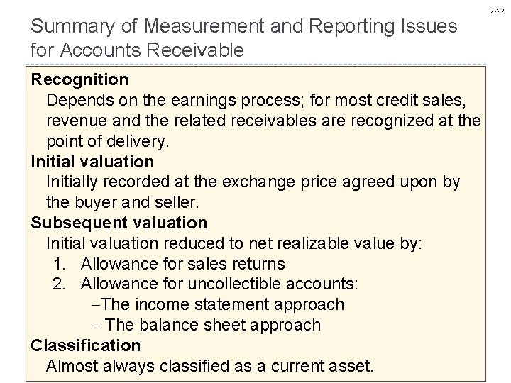 Summary of Measurement and Reporting Issues for Accounts Receivable Recognition Depends on the earnings