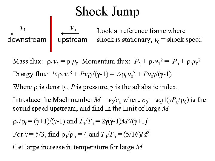 Shock Jump v 1 downstream v 0 upstream Look at reference frame where shock