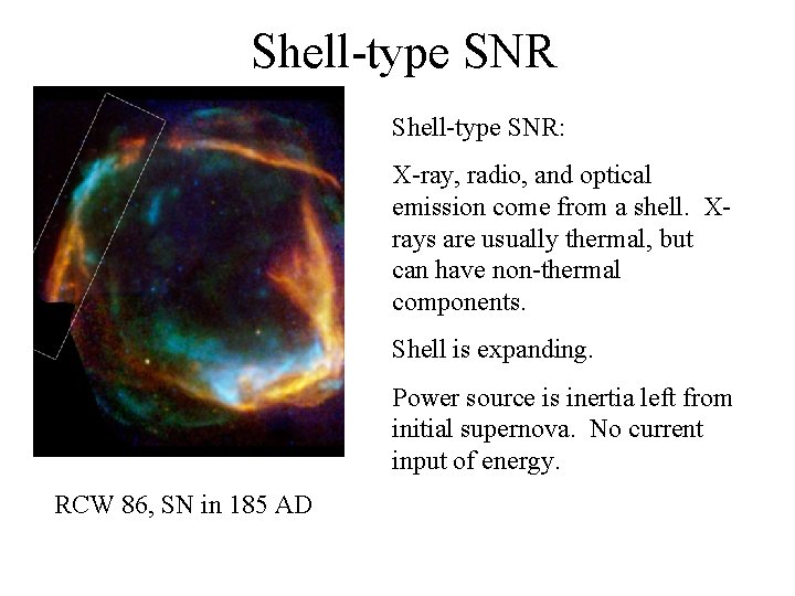 Shell-type SNR: X-ray, radio, and optical emission come from a shell. Xrays are usually