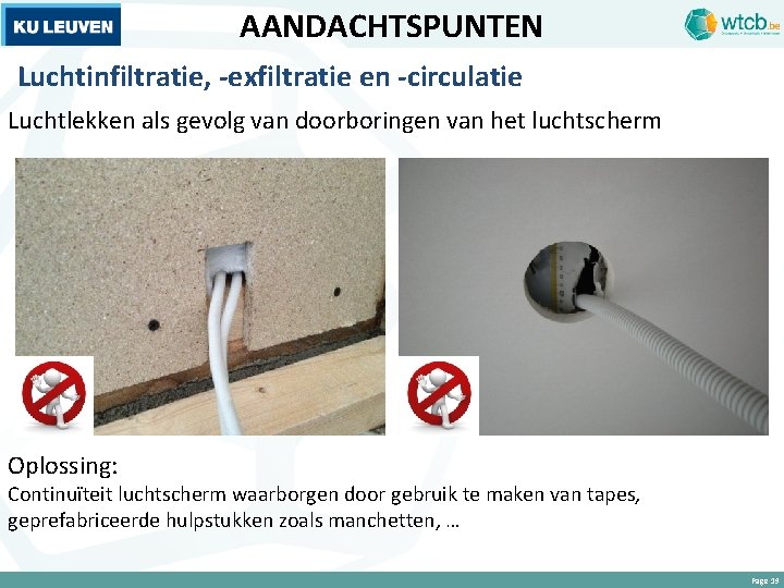 AANDACHTSPUNTEN Luchtinfiltratie, -exfiltratie en -circulatie Luchtlekken als gevolg van doorboringen van het luchtscherm Oplossing: