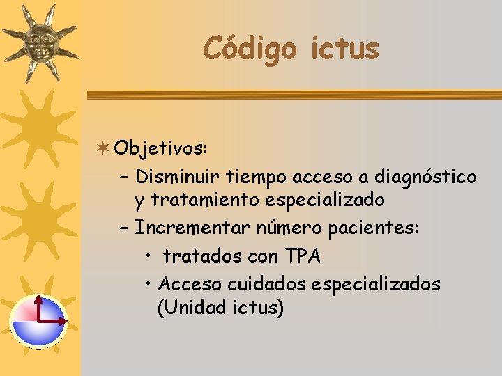 Código ictus ¬ Objetivos: – Disminuir tiempo acceso a diagnóstico y tratamiento especializado –