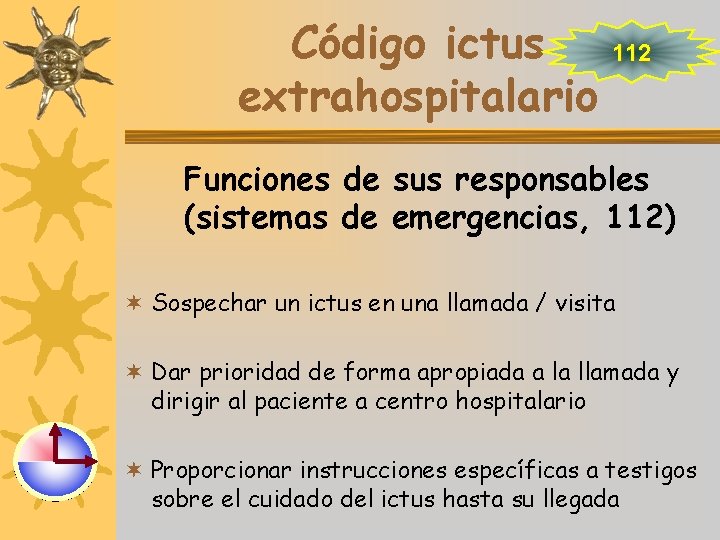 Código ictus extrahospitalario 112 Funciones de sus responsables (sistemas de emergencias, 112) ¬ Sospechar