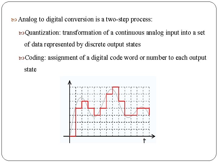  Analog to digital conversion is a two-step process: Quantization: transformation of a continuous