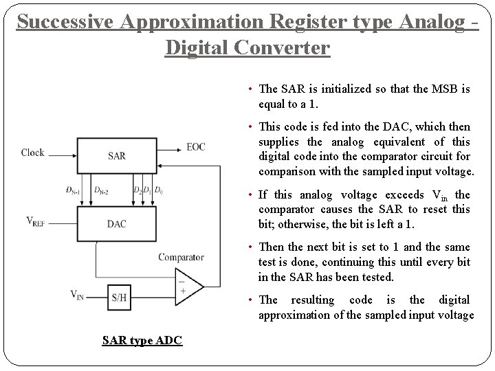 Successive Approximation Register type Analog Digital Converter • The SAR is initialized so that