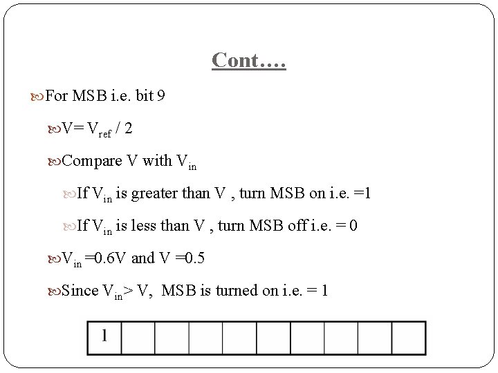 Cont…. For MSB i. e. bit 9 V= Vref / 2 Compare V with