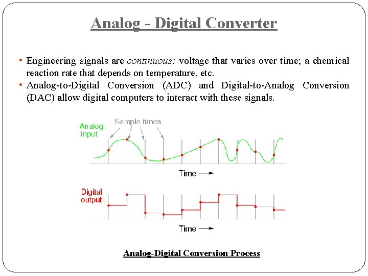 Analog - Digital Converter • Engineering signals are continuous: voltage that varies over time; Analog - Digital Converter • Engineering signals are continuous: voltage that varies over time;