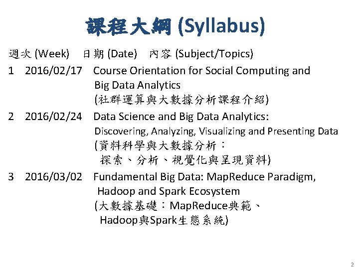 課程大綱 (Syllabus) 週次 (Week) 日期 (Date) 內容 (Subject/Topics) 1 2016/02/17 Course Orientation for Social