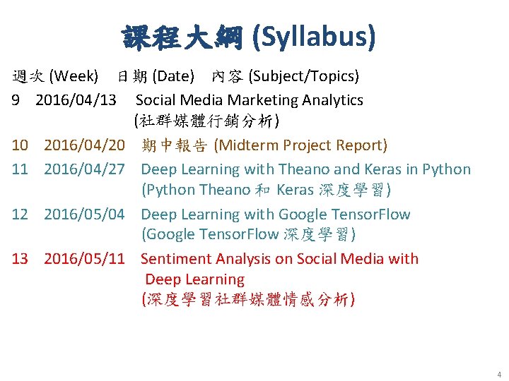 課程大綱 (Syllabus) 週次 (Week) 日期 (Date) 內容 (Subject/Topics) 9 2016/04/13 Social Media Marketing Analytics