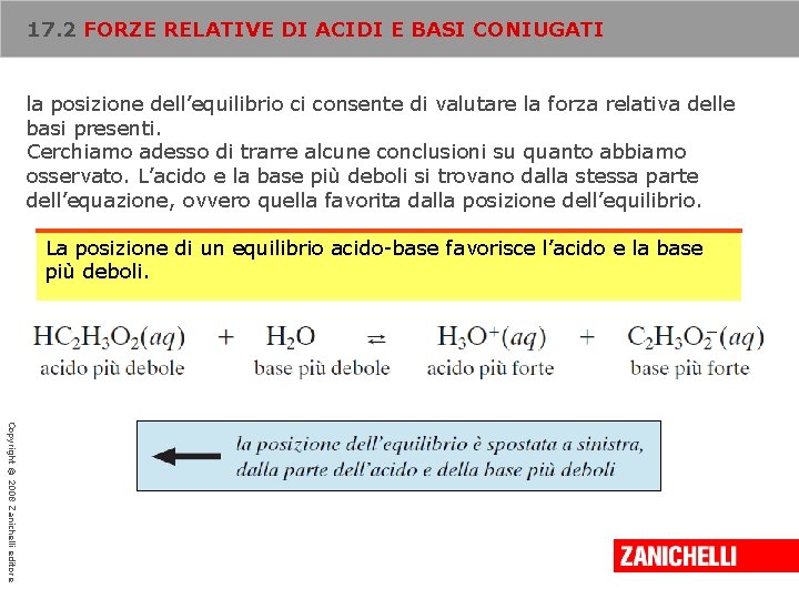 17. 2 FORZE RELATIVE DI ACIDI E BASI CONIUGATI la posizione dell’equilibrio ci consente