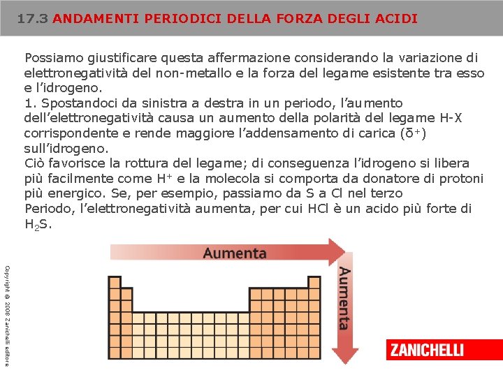 17. 3 ANDAMENTI PERIODICI DELLA FORZA DEGLI ACIDI Possiamo giustificare questa affermazione considerando la