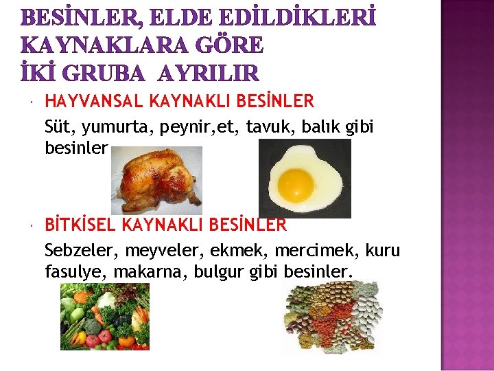 BESİNLER, ELDE EDİLDİKLERİ KAYNAKLARA GÖRE İKİ GRUBA AYRILIR HAYVANSAL KAYNAKLI BESİNLER Süt, yumurta, peynir,