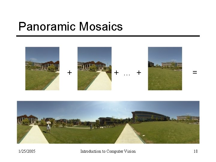 Panoramic Mosaics + … + 1/25/2005 Introduction to Computer Vision = 18 