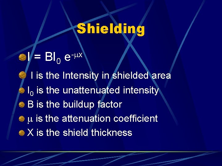 Shielding I = BI 0 e- x I is the Intensity in shielded area