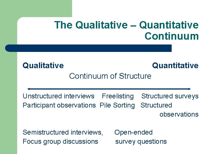 The Qualitative – Quantitative Continuum Qualitative Quantitative Continuum of Structure Unstructured interviews Freelisting Structured