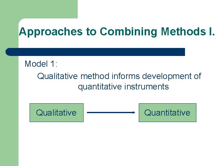 Approaches to Combining Methods I. Model 1: Qualitative method informs development of quantitative instruments
