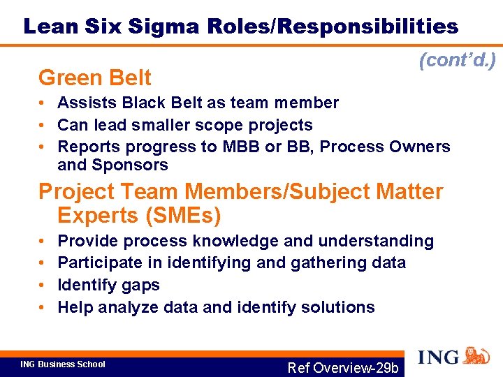 Lean Six Sigma Roles/Responsibilities (cont’d. ) Green Belt • Assists Black Belt as team