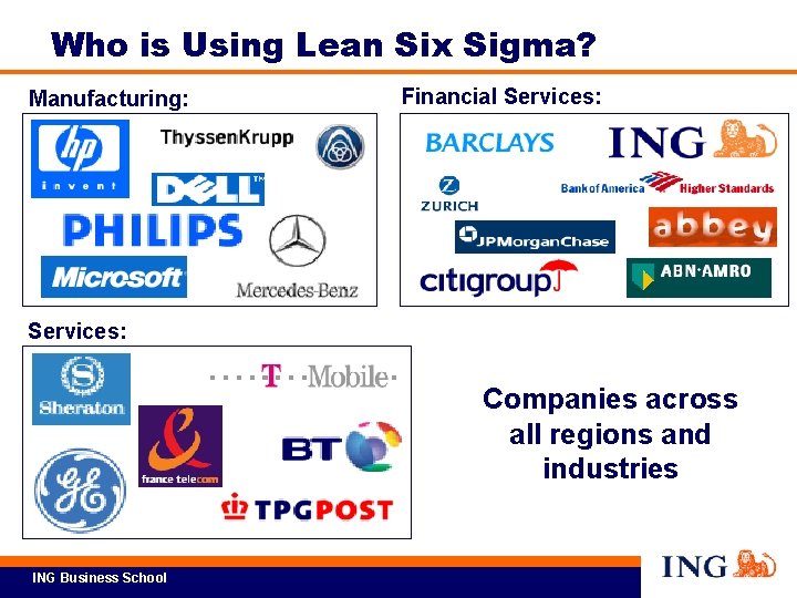 Who is Using Lean Six Sigma? Manufacturing: Financial Services: Companies across all regions and