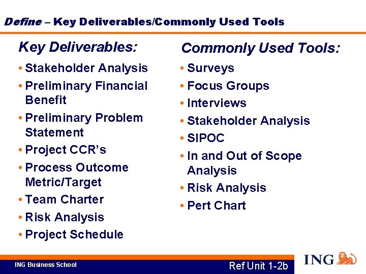 Define – Key Deliverables/Commonly Used Tools Key Deliverables: Commonly Used Tools: • Stakeholder Analysis
