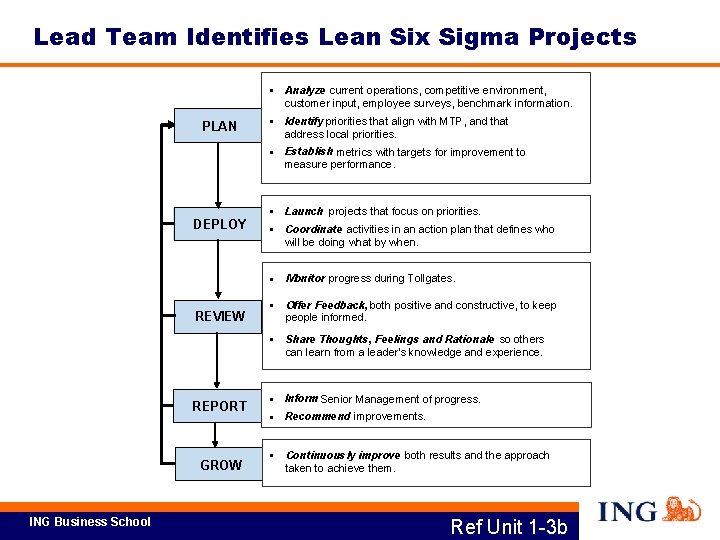 Lead Team Identifies Lean Six Sigma Projects PLAN DEPLOY REVIEW REPORT GROW ING Business