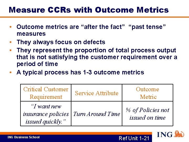 Measure CCRs with Outcome Metrics • Outcome metrics are “after the fact” “past tense”