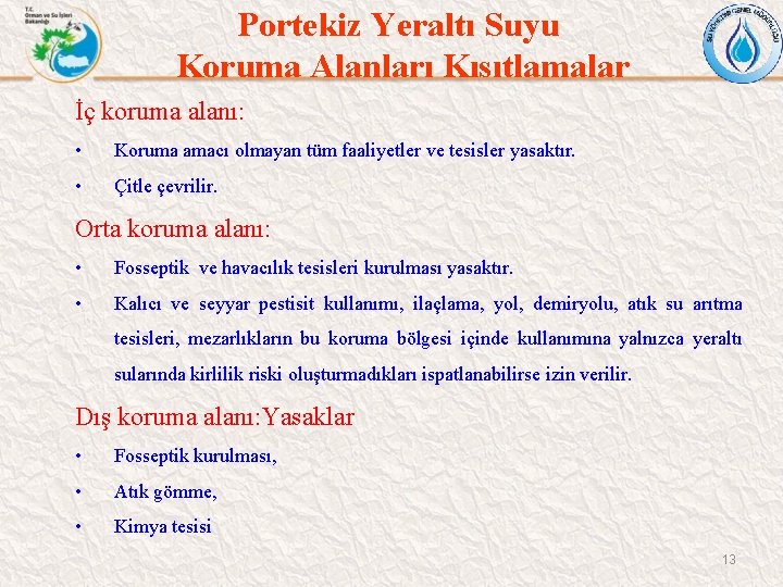 Portekiz Yeraltı Suyu Koruma Alanları Kısıtlamalar İç koruma alanı: • Koruma amacı olmayan tüm