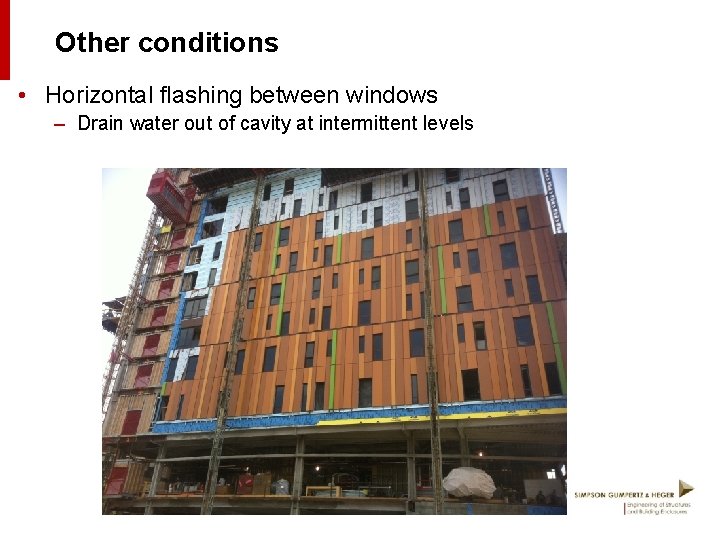 Other conditions • Horizontal flashing between windows – Drain water out of cavity at