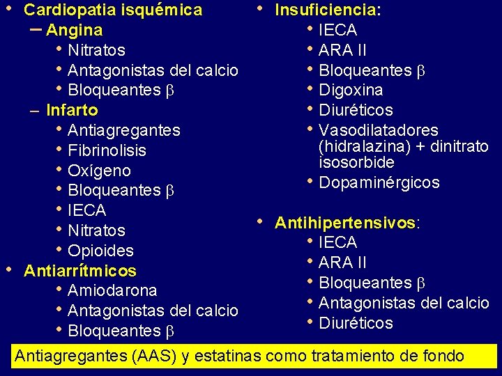  • Cardiopatia isquémica • Insuficiencia: – Angina • IECA • Nitratos • ARA