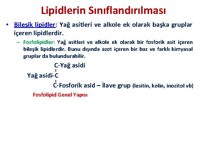 Lipidlerin Sınıflandırılması • Bileşik lipidler: Yağ asitleri ve alkole ek olarak başka gruplar içeren