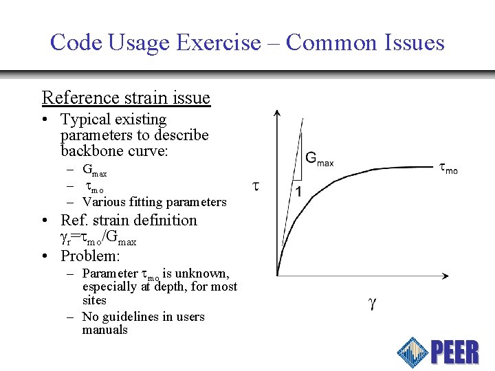 Code Usage Exercise – Common Issues Reference strain issue • Typical existing parameters to