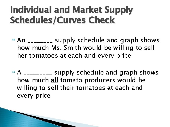 Individual and Market Supply Schedules/Curves Check An ____ supply schedule and graph shows how