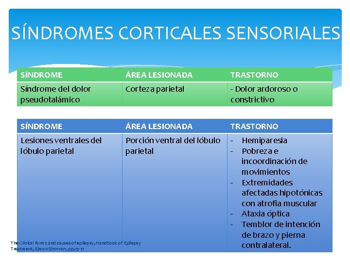 SÍNDROMES CORTICALES SENSORIALES SÍNDROME ÁREA LESIONADA TRASTORNO Síndrome del dolor pseudotalámico Corteza parietal -