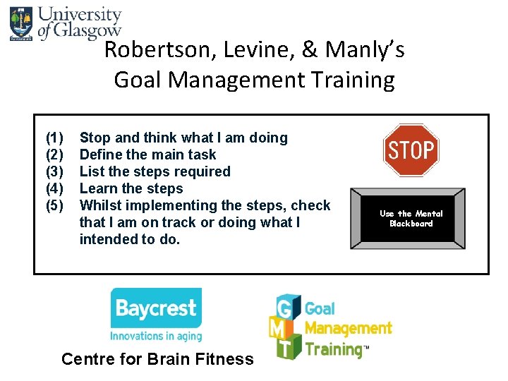Robertson, Levine, & Manly’s Goal Management Training (1) (2) (3) (4) (5) Stop and