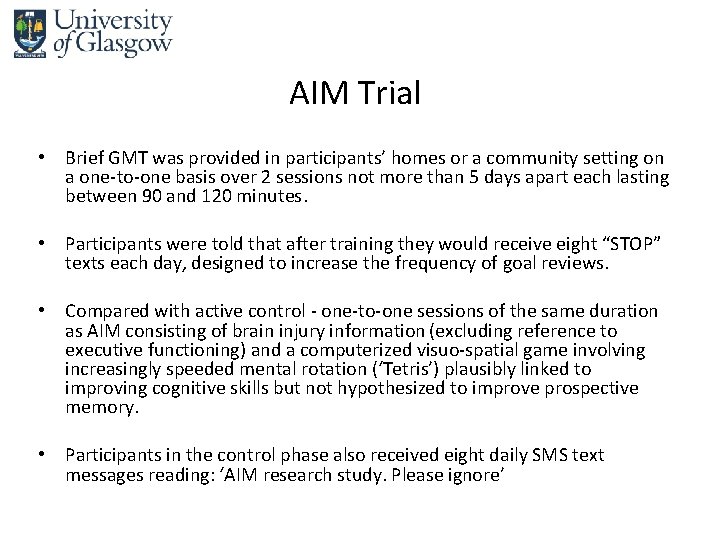 AIM Trial • Brief GMT was provided in participants’ homes or a community setting