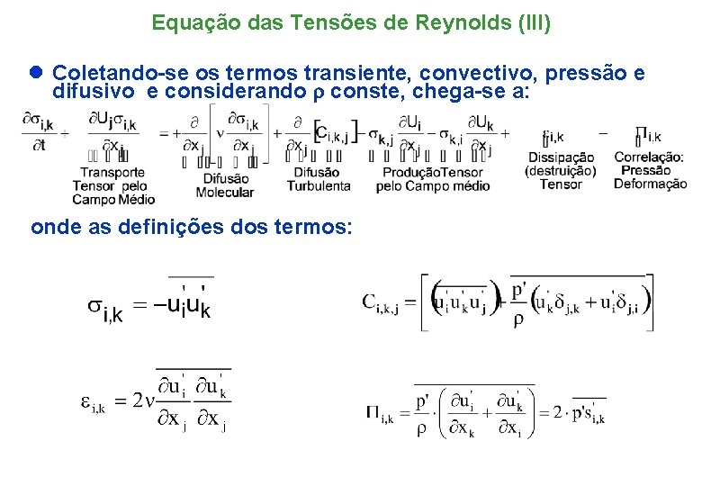 Equação das Tensões de Reynolds (III) l Coletando-se os termos transiente, convectivo, pressão e