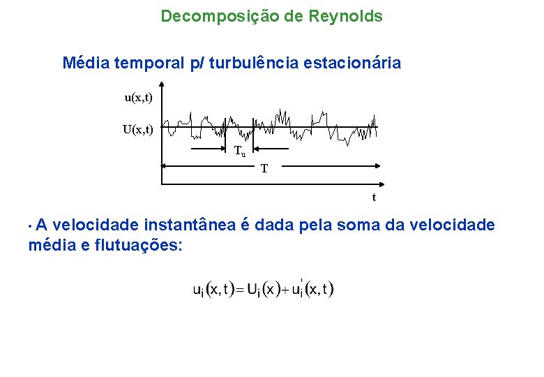 Decomposição de Reynolds Média temporal p/ turbulência estacionária u(x, t) U(x, t) Tu T