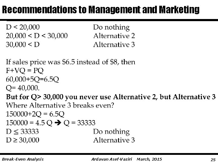 Recommendations to Management and Marketing Break-Even Analysis Ardavan Asef-Vaziri March, 2015 25 