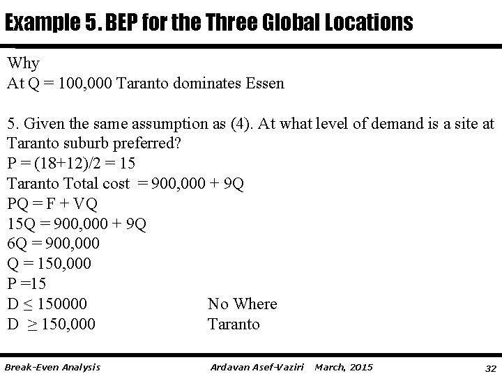 Example 5. BEP for the Three Global Locations Why At Q = 100, 000