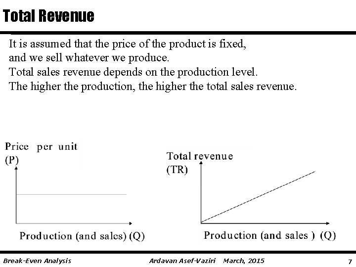 Total Revenue It is assumed that the price of the product is fixed, and