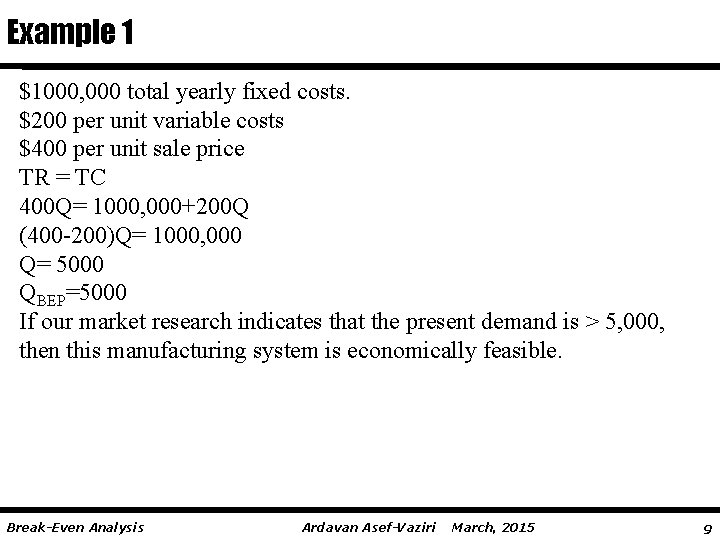 Example 1 $1000, 000 total yearly fixed costs. $200 per unit variable costs $400