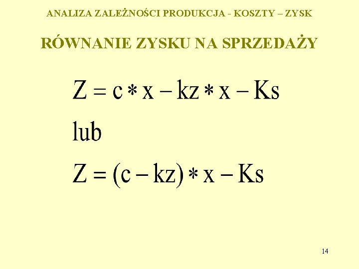 ANALIZA ZALEŻNOŚCI PRODUKCJA - KOSZTY – ZYSK RÓWNANIE ZYSKU NA SPRZEDAŻY 14 