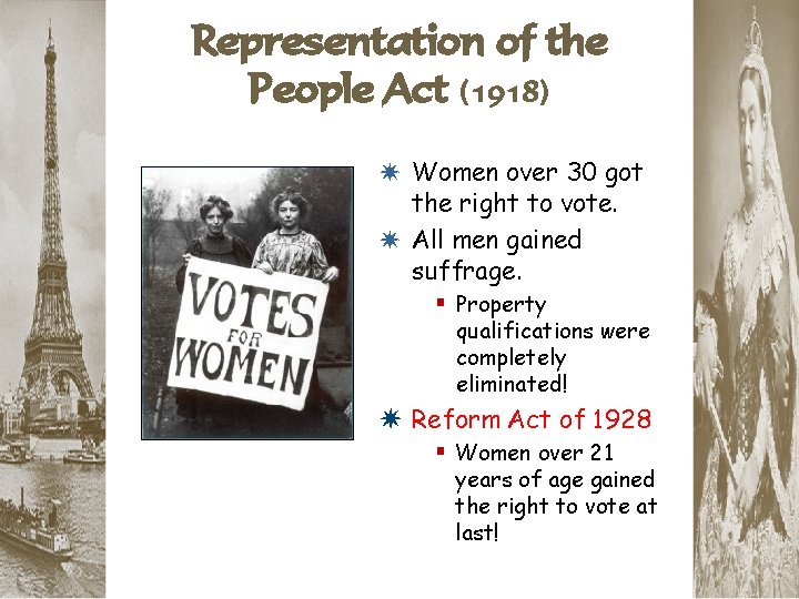 Representation of the People Act (1918) * Women over 30 got the right to